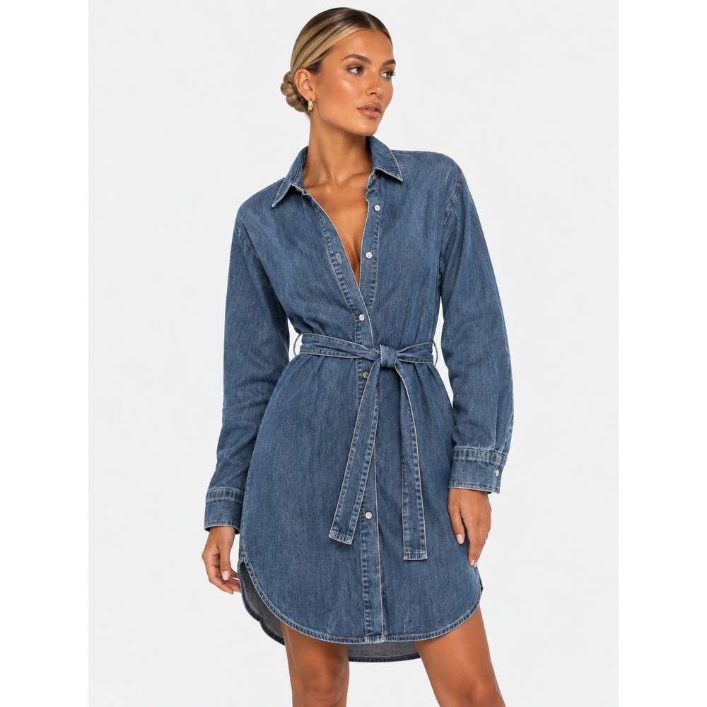 James Perse Standard Blue Denim Belted Dark Wash Shirt Dress 4 XL NWT New
